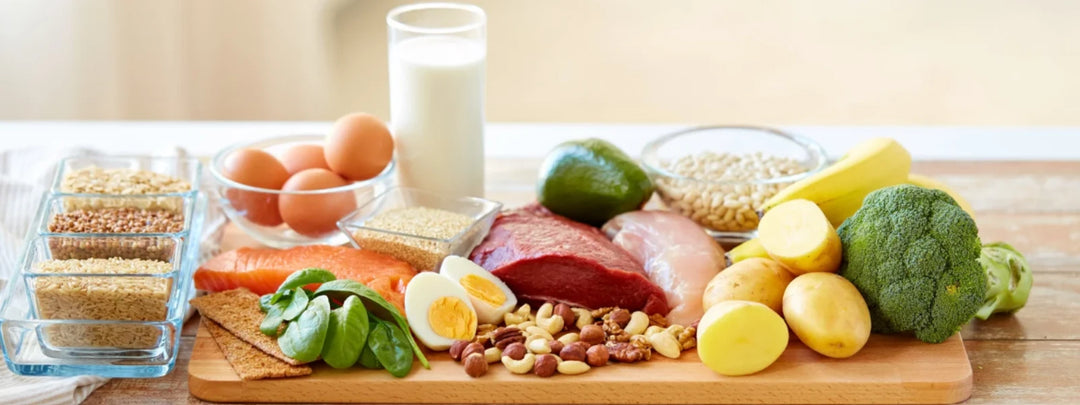 A colorful plate with kids protein rich foods, promoting healthy eating habits. 