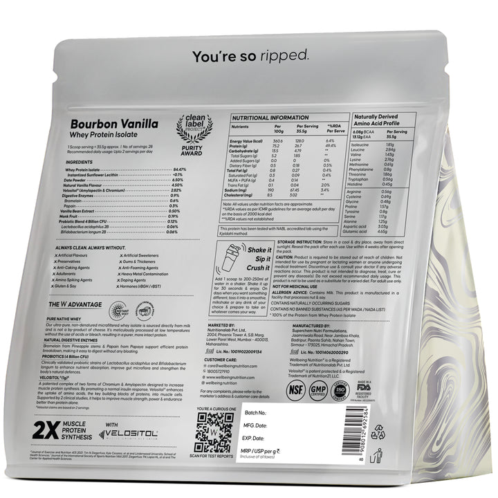 Whey Protein Isolate 26g | 1kg | 4B CFU Probiotics | Bourbon Vanilla