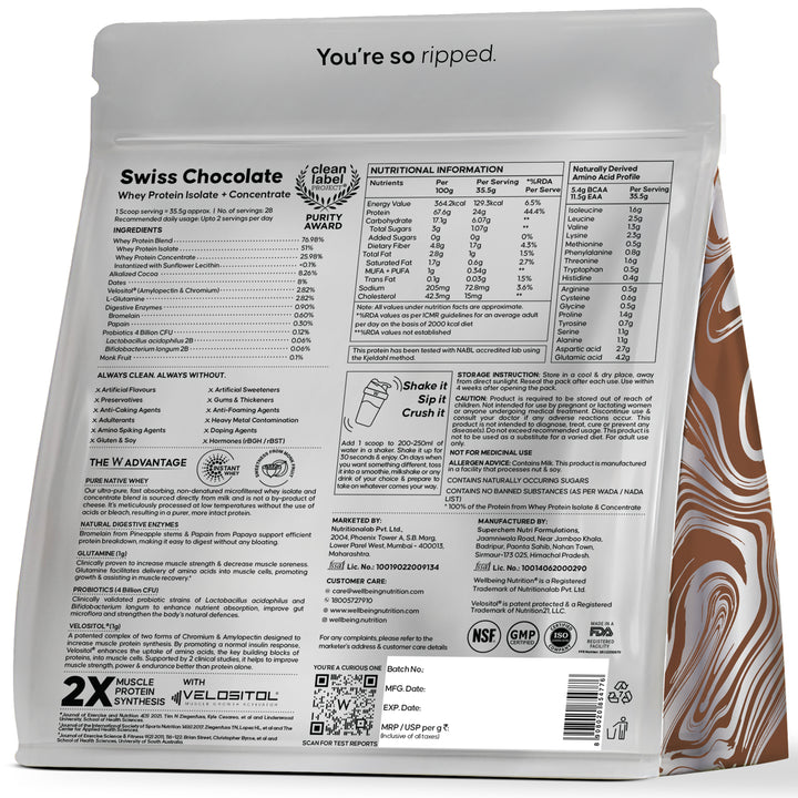 Whey Protein Isolate + Concentrate 24g | 1kg | 4B CFU Probiotics | Swiss Chocolate