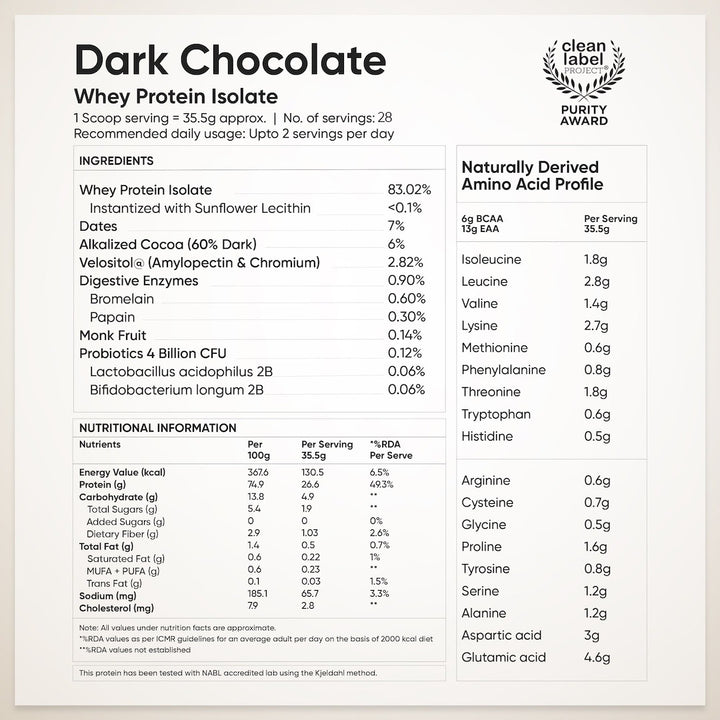Whey Protein Isolate 26g | 1kg | 4B CFU Probiotics | Dark Chocolate