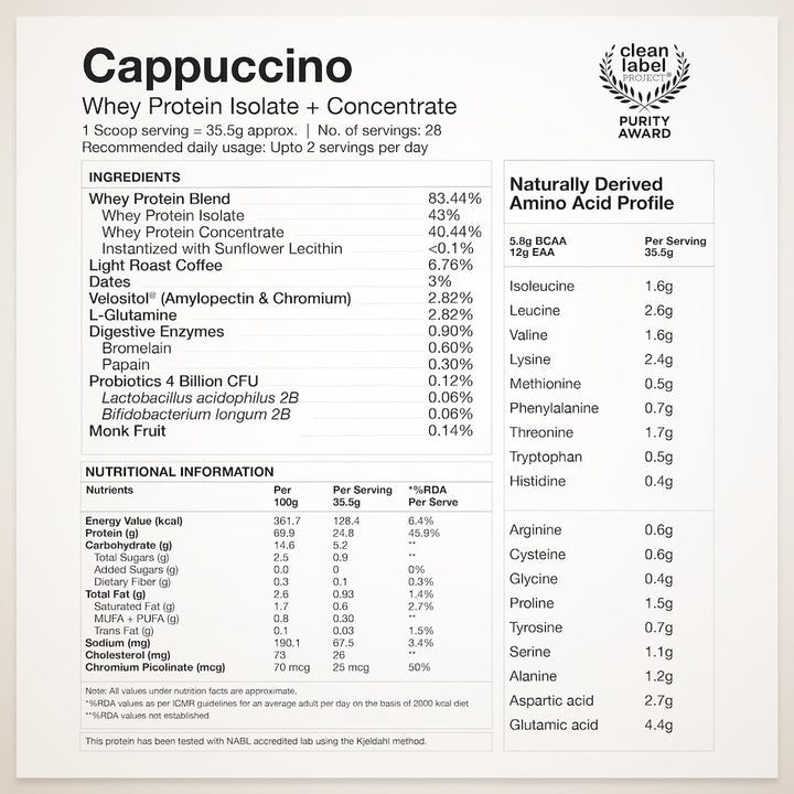 Whey Protein Isolate + Concentrate 24g | 1KG | 4B CFU Probiotics | Cappuccino & Creatine Monohydrate Unflavored Offer