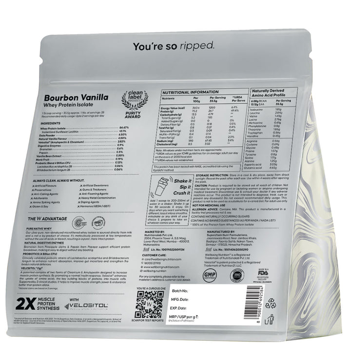 Whey Protein Isolate 26g | 1kg | 4B CFU Probiotics | Bourbon Vanilla