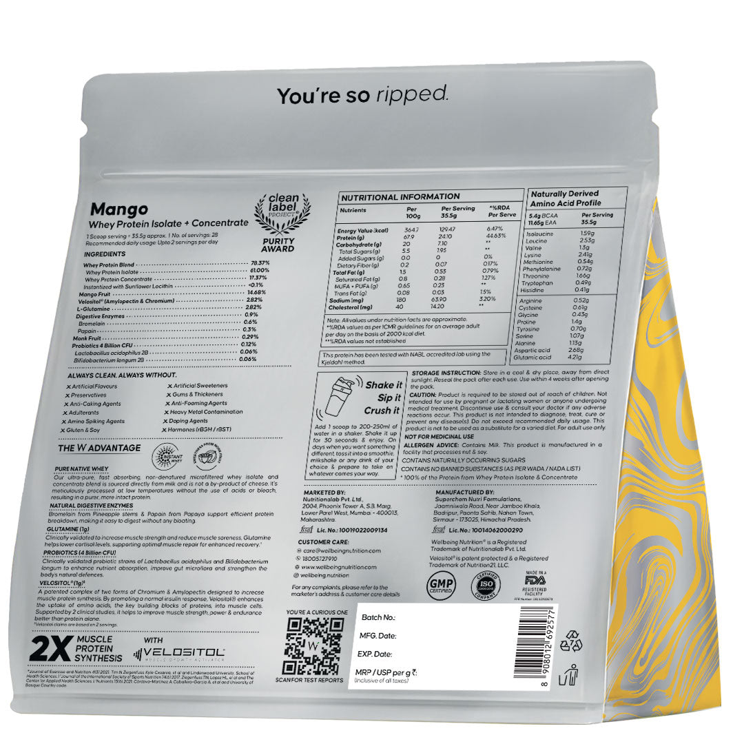 Whey Protein Isolate + Concentrate 24g | 1kg | 4B CFU Probiotics | Mango Flavoured