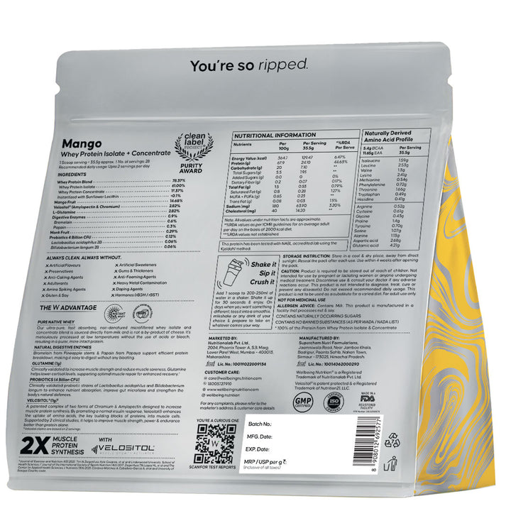 Whey Protein Isolate + Concentrate 24g | 1kg | 4B CFU Probiotics | Mango Flavoured