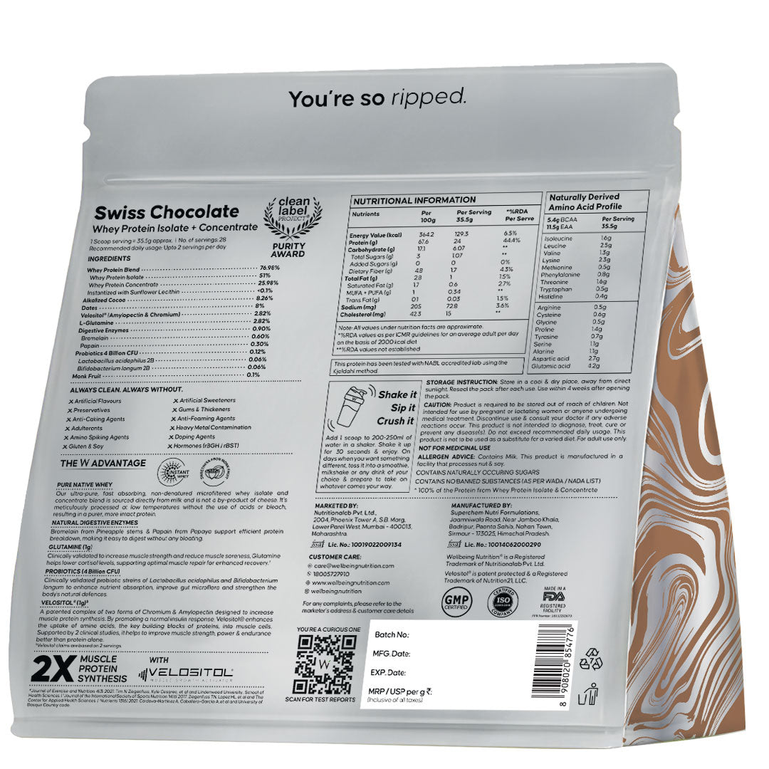 Whey Protein Isolate + Concentrate 24g | 1kg | 4B CFU Probiotics | Swiss Chocolate